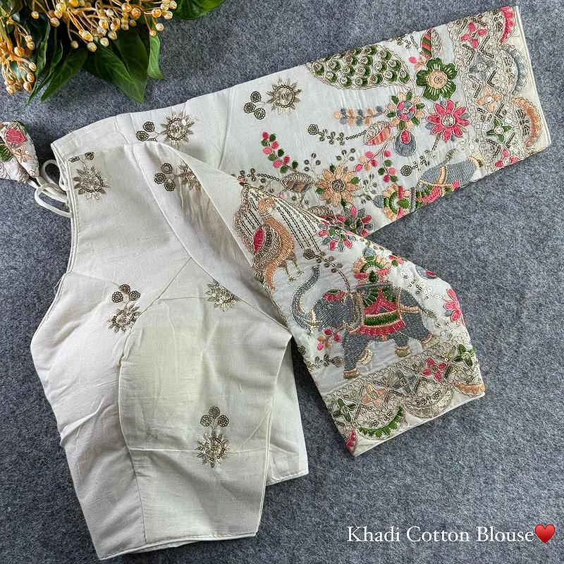 White Heavy Thread Embroidery Work 15+ Inch Sleeves Designer Khadi Blouse