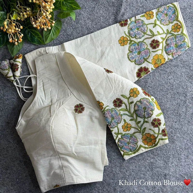 White Heavy Thread Embroidery Work 15+ Inch Sleeves Designer Khadi Blouse