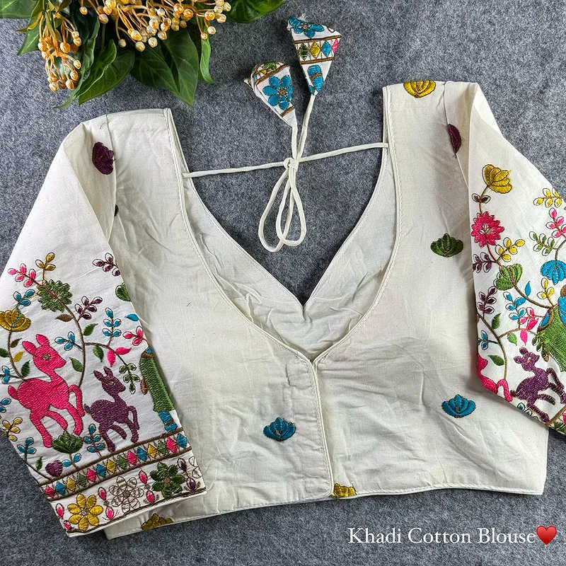 White Heavy Thread Embroidery Work 15+ Inch Sleeves Designer Khadi Blouse