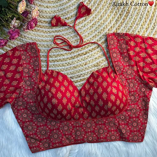 Red Color Ajrakh Cotton Halter Neck Blouse – Pure Cotton Print