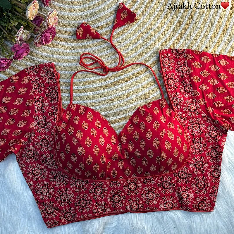 Red Color Ajrakh Cotton Halter Neck Blouse – Pure Cotton Print