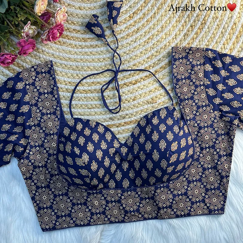 Blue Color Ajrakh Cotton Halter Neck Blouse – Pure Cotton Print