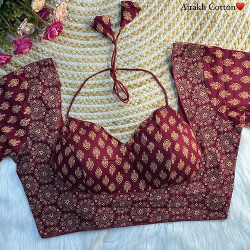 Maroon Color Ajrakh Cotton Halter Neck Blouse – Pure Cotton Print