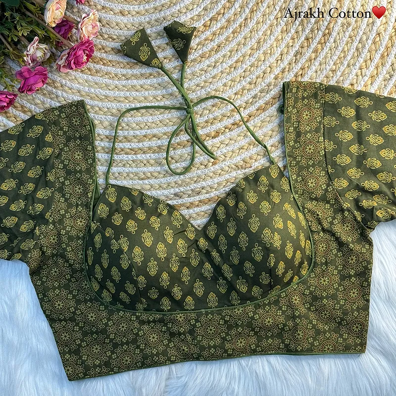 Mehndi Color Ajrakh Cotton Halter Neck Blouse – Pure Cotton Print