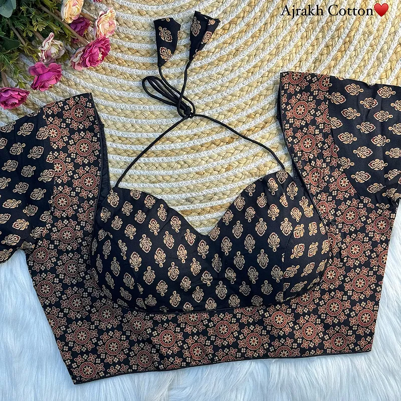 Black Color Ajrakh Cotton Halter Neck Blouse – Pure Cotton Print