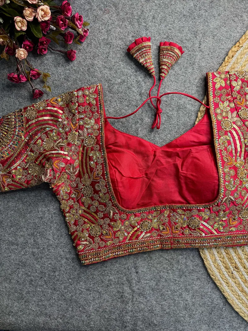 Red Italian Silk Codding Sequence Peacock Work Bridal Blouse