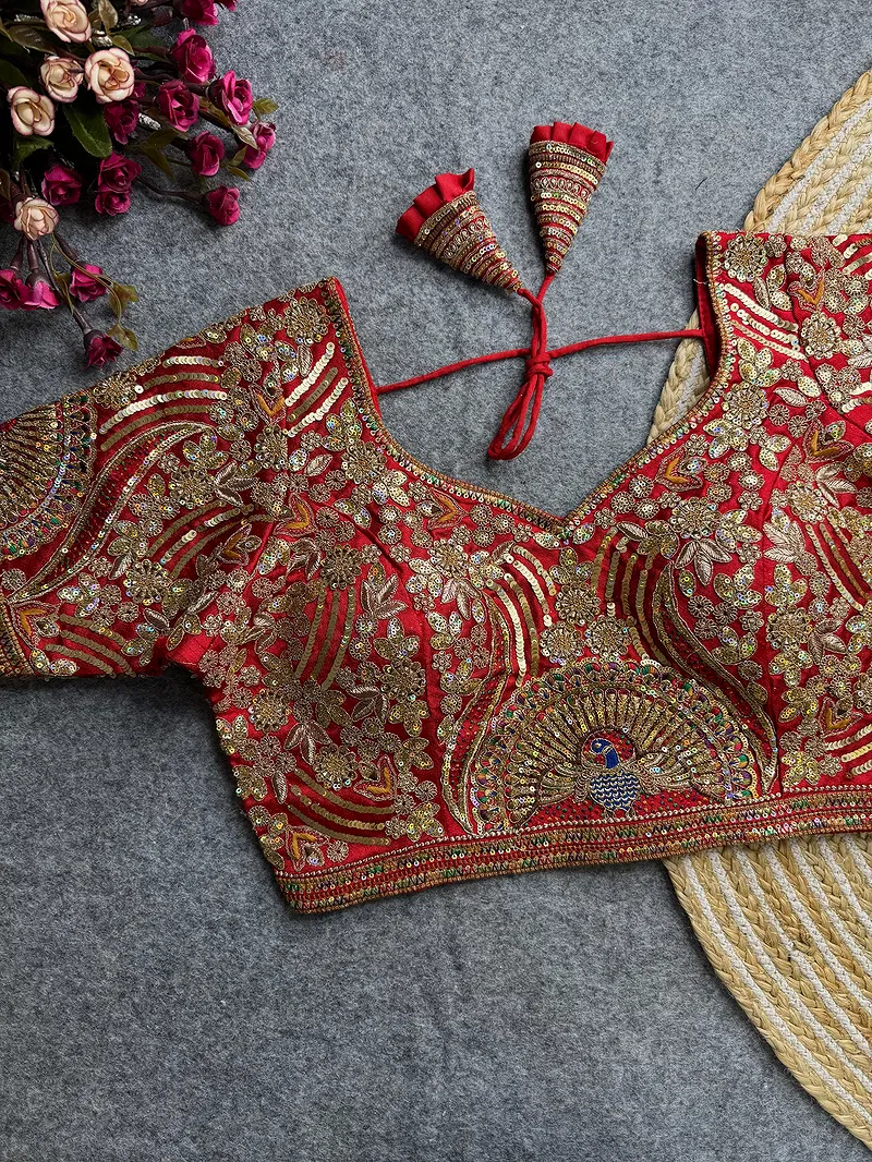 Red Italian Silk Codding Sequence Peacock Work Bridal Blouse