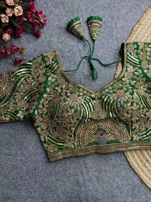 Green Italian Silk Codding Sequence Peacock Work Bridal Blouse