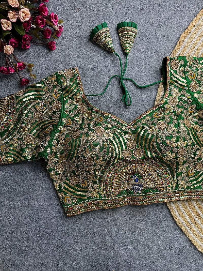 Green Italian Silk Codding Sequence Peacock Work Bridal Blouse