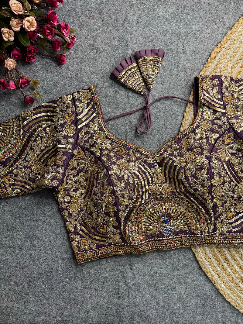 Wine Italian Silk Codding Sequence Peacock Work Bridal Blouse