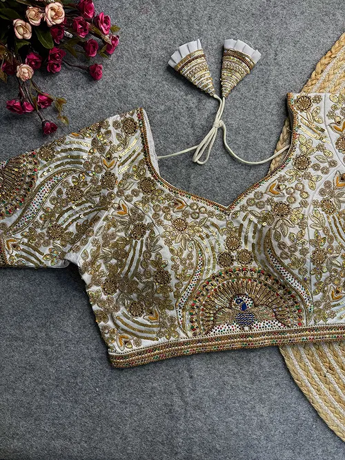 White Italian Silk Codding Sequence Peacock Work Bridal Blouse