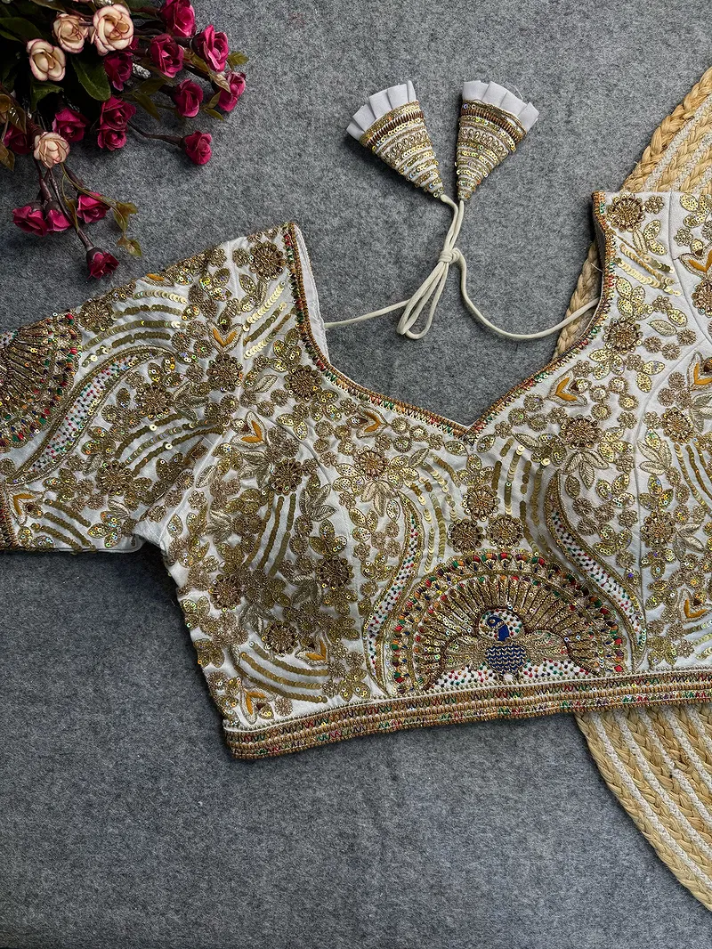White Italian Silk Codding Sequence Peacock Work Bridal Blouse