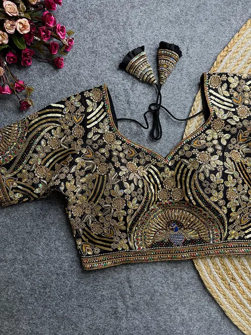 Black Italian Silk Codding Sequence Peacock Work Bridal Blouse