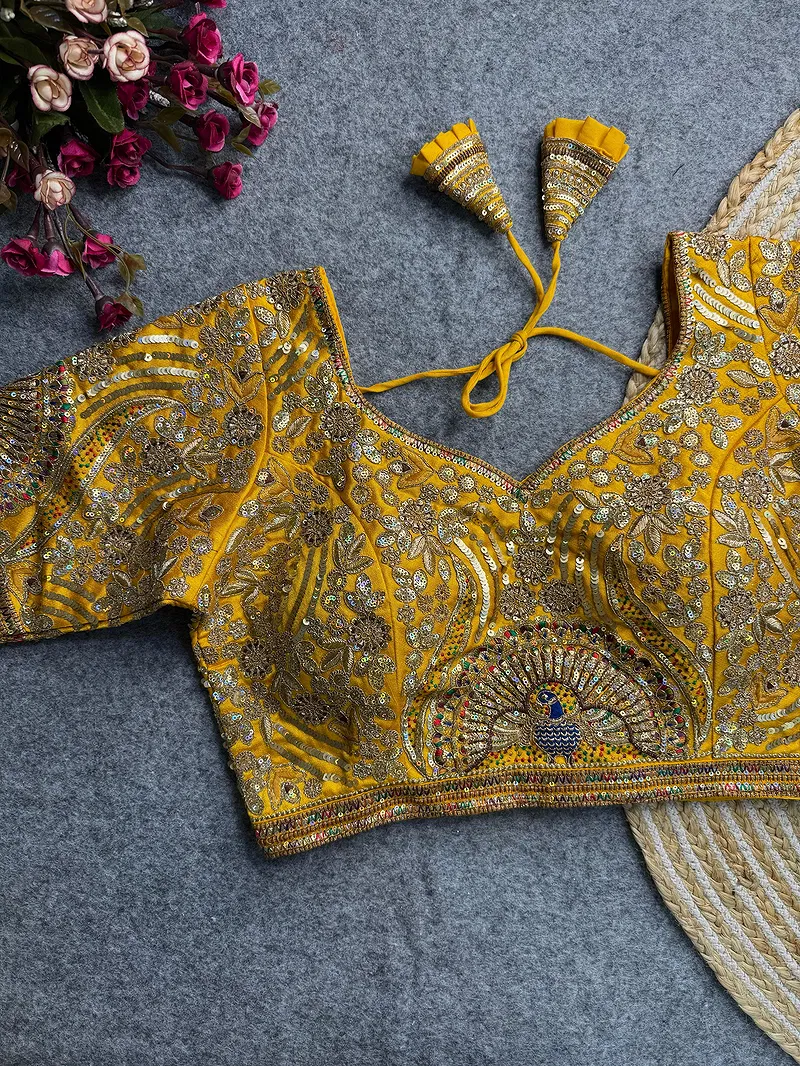 Mustard Italian Silk Codding Sequence Peacock Work Bridal Blouse