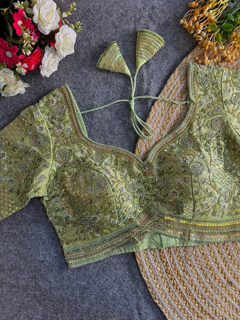 Pista Green Colour Heavy Handwork Party Blouse