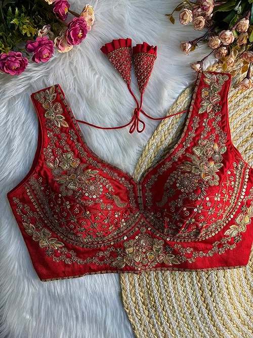 Red Color Sabyasachi Neck Bridal Blouse with Heavy Stars & Beads Work