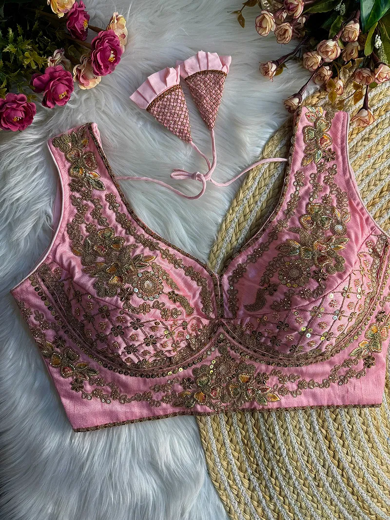 Pink Color Sabyasachi Neck Bridal Blouse with Heavy Stars & Beads Work