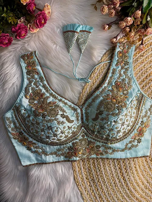 Light Blue Color Sabyasachi Neck Bridal Blouse with Heavy Stars & Beads Work