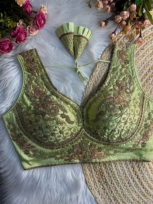 Pista Green Color Sabyasachi Neck Bridal Blouse with Heavy Stars & Beads Work