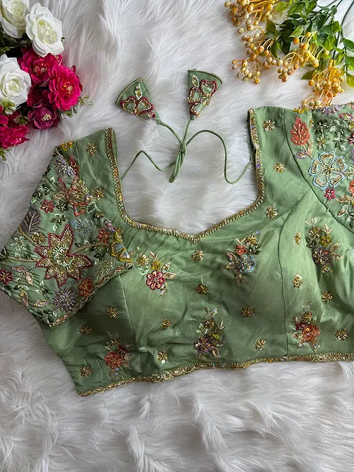 Pista Green Color Soft Cosmos Silk Blouse