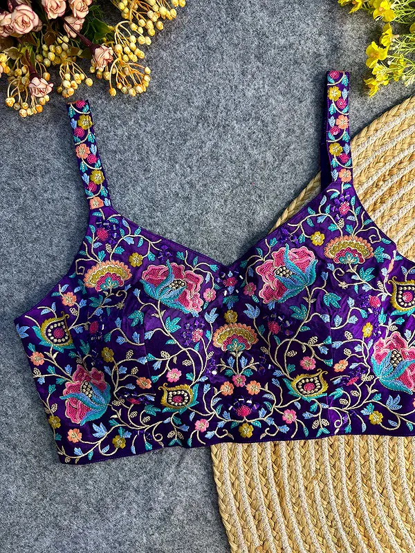 Purple Color Mirror Work Gajji Silk Blouse