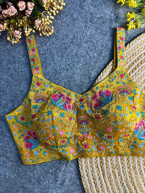Yellow Color Mirror Work Gajji Silk Blouse