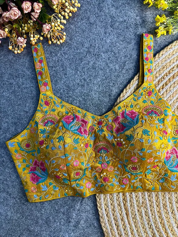Yellow Color Mirror Work Gajji Silk Blouse