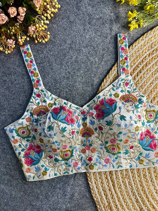 White Color Mirror Work Gajji Silk Blouse