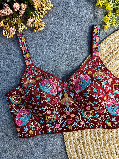 Maroon Color Mirror Work Gajji Silk Blouse