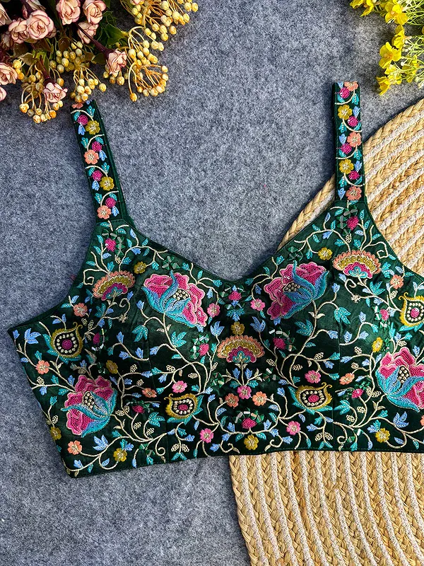 Bottle Green Color Mirror Work Gajji Silk Blouse