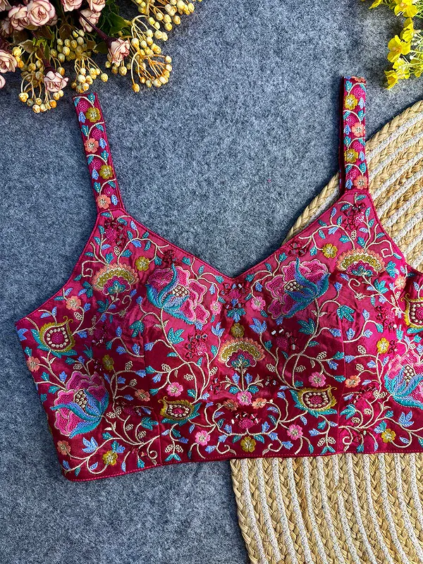 Pink Color Mirror Work Gajji Silk Blouse