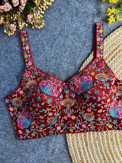 Red Color Mirror Work Gajji Silk Blouse