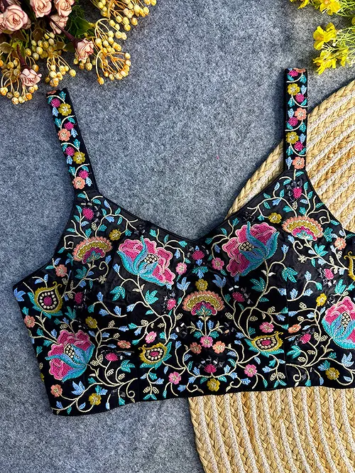 Black Color Mirror Work Gajji Silk Blouse