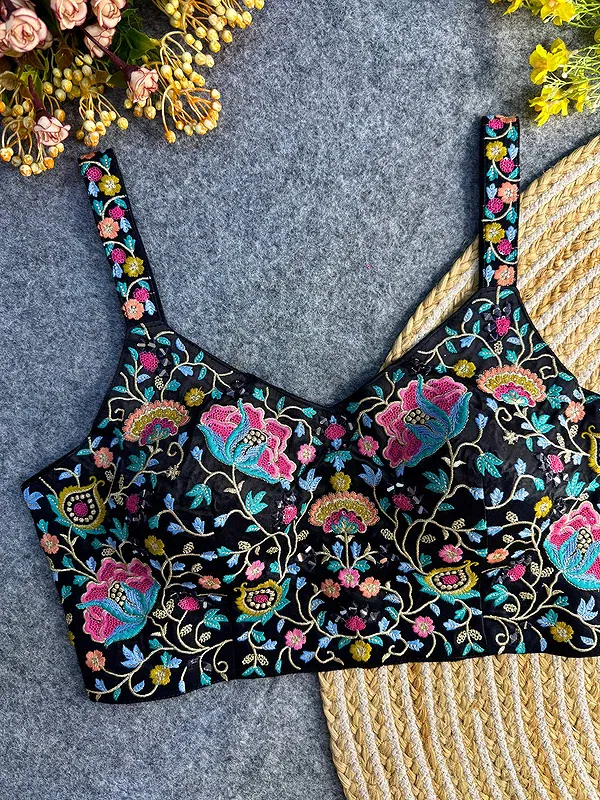 Black Color Mirror Work Gajji Silk Blouse