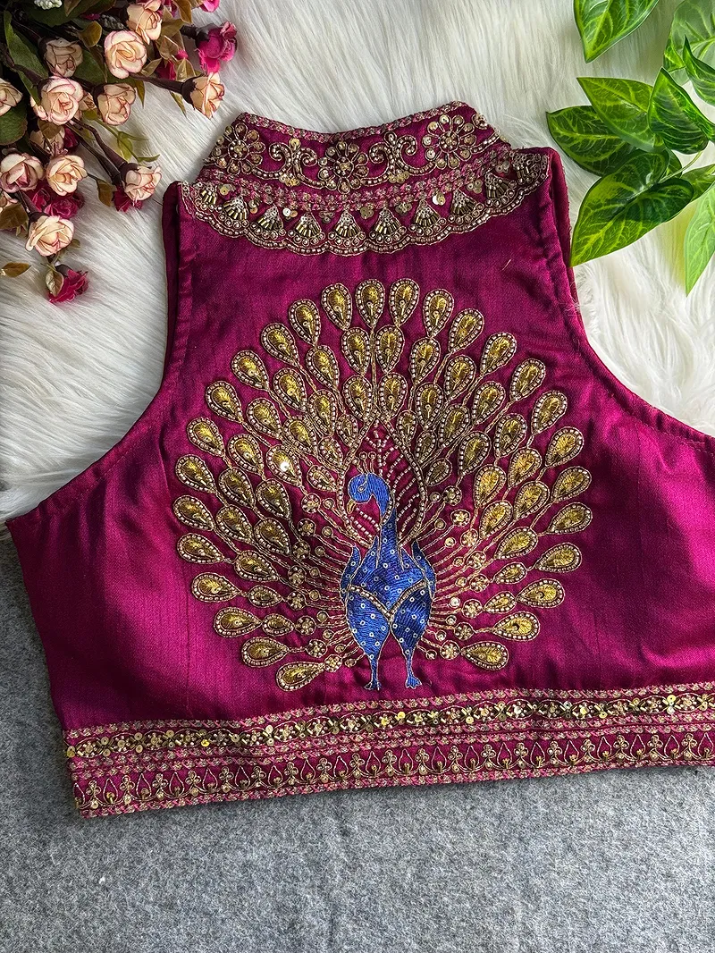 Magenta Color Halter Neck Handwork Peacock Blouse