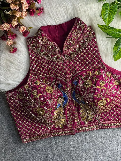 Magenta Color Halter Neck Handwork Peacock Blouse