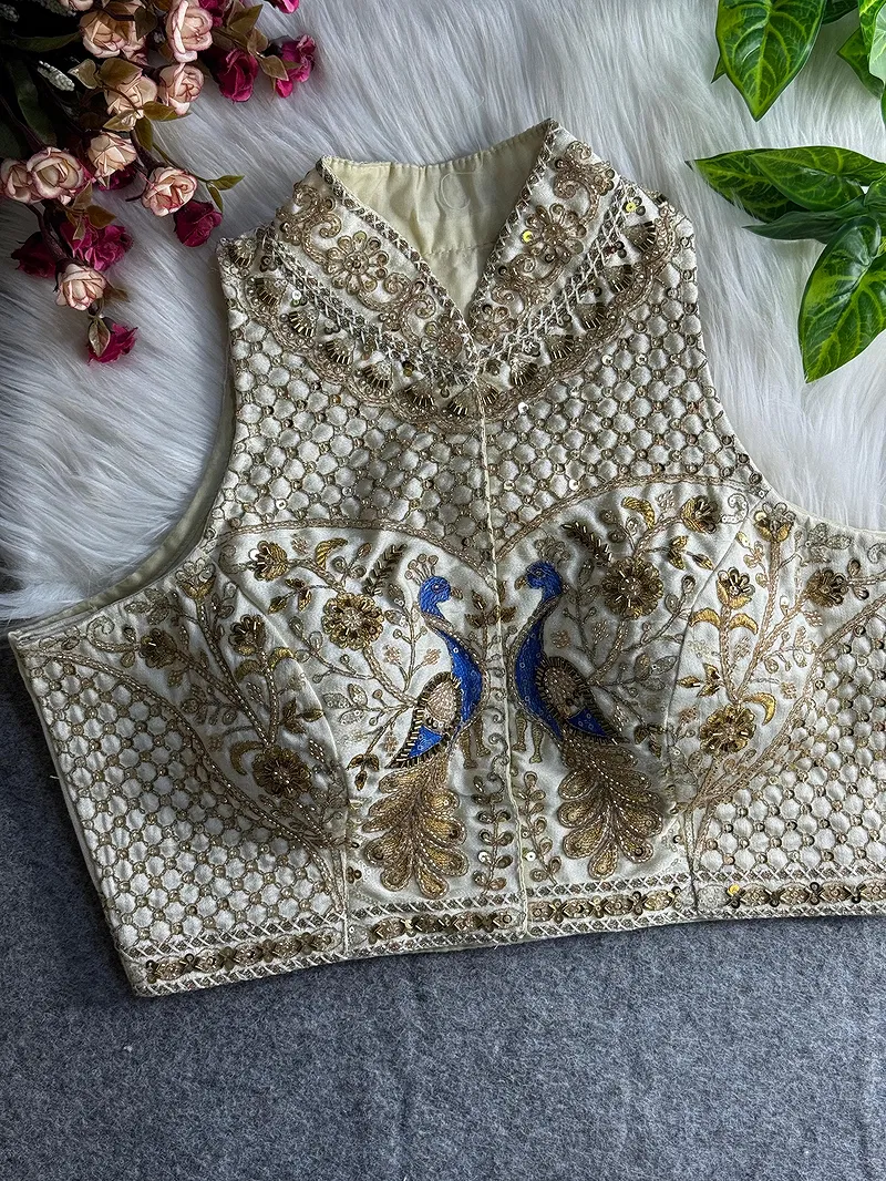 Off White Color Halter Neck Handwork Peacock Blouse