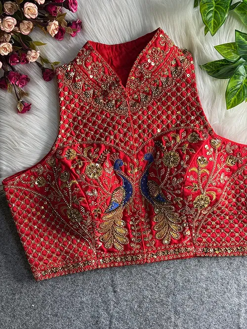 Red Color Halter Neck Handwork Peacock Blouse