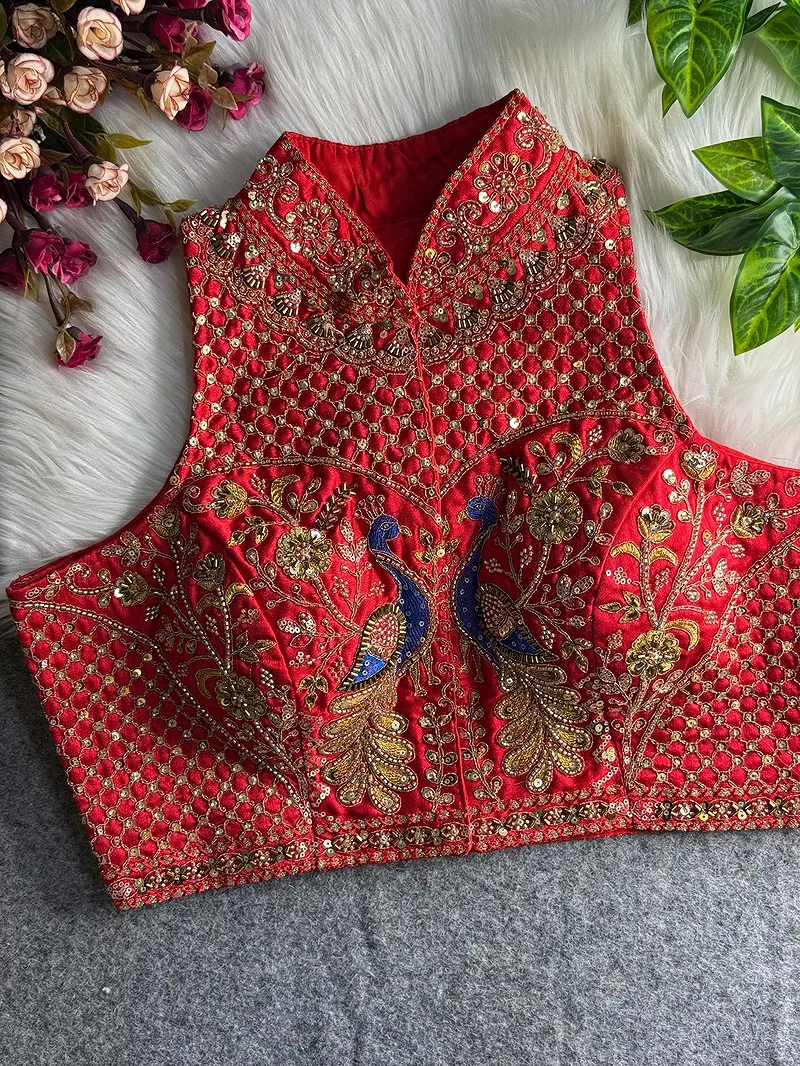 Red Color Halter Neck Handwork Peacock Blouse