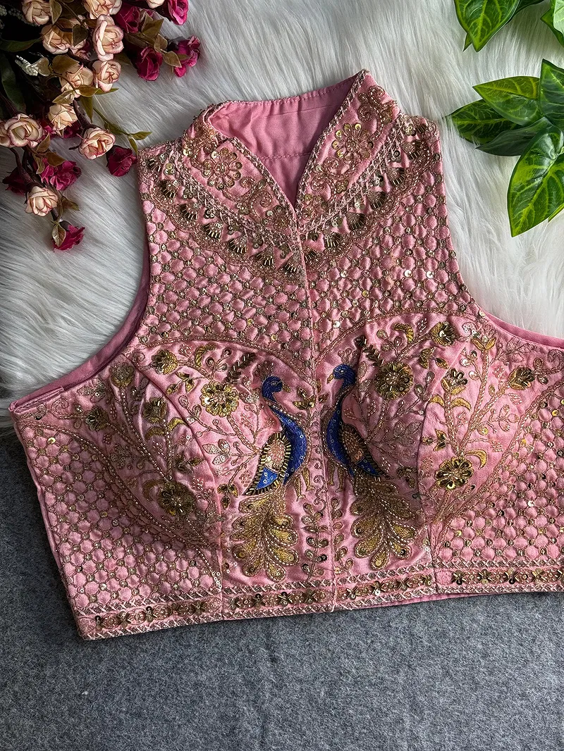 Baby Pink Color Halter Neck Handwork Peacock Blouse