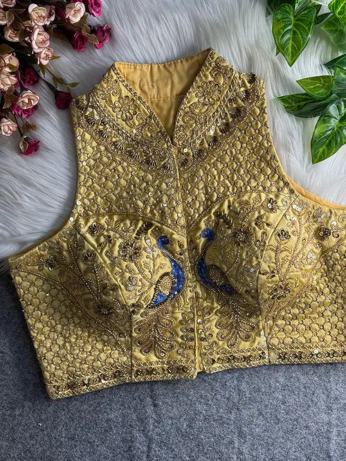 Gold Color Halter Neck Handwork Peacock Blouse