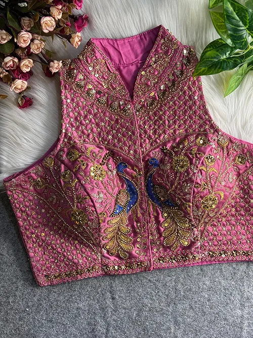 Pink Color Halter Neck Handwork Peacock Blouse