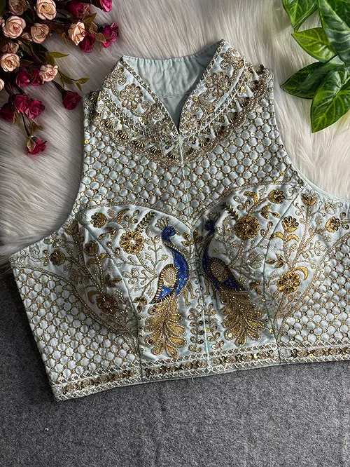 Sky Blue Color Halter Neck Handwork Peacock Blouse