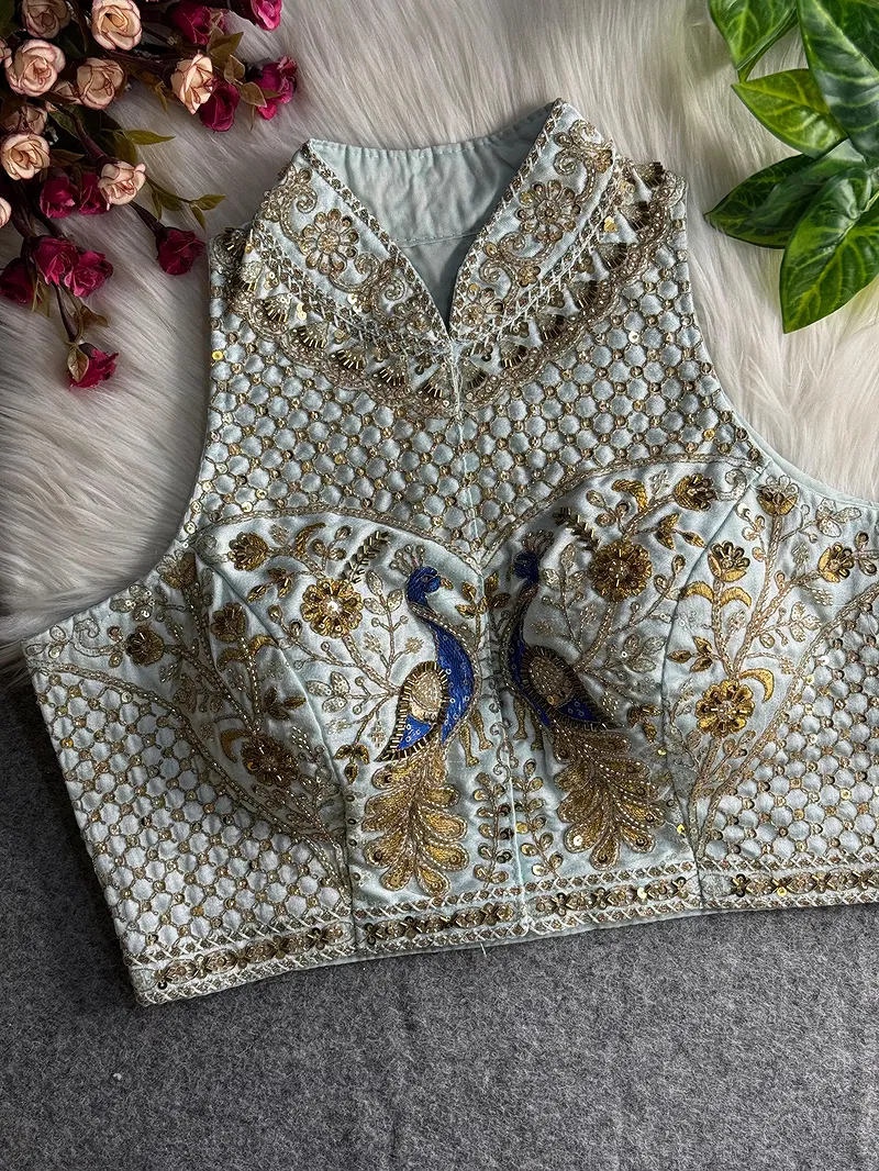 Sky Blue Color Halter Neck Handwork Peacock Blouse