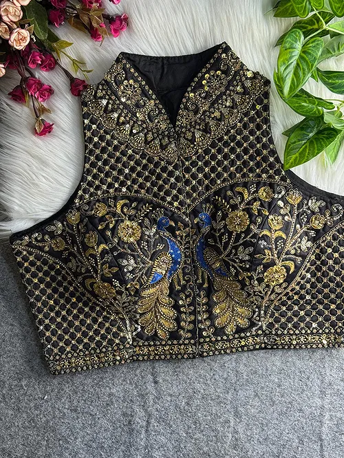 Black Color Halter Neck Handwork Peacock Blouse