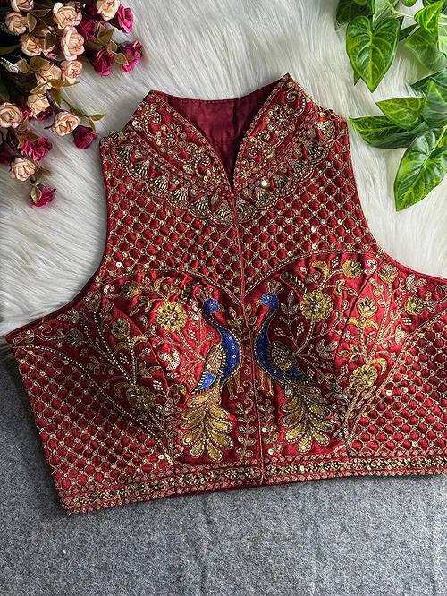 Maroon Color Halter Neck Handwork Peacock Blouse