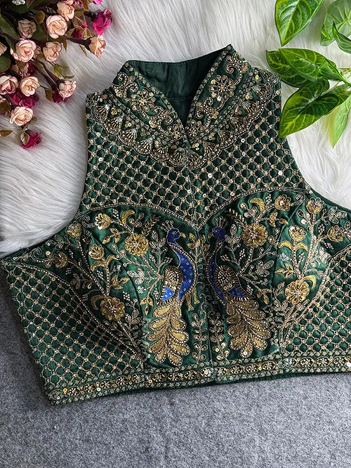 Bottle Green Color Halter Neck Handwork Peacock Blouse