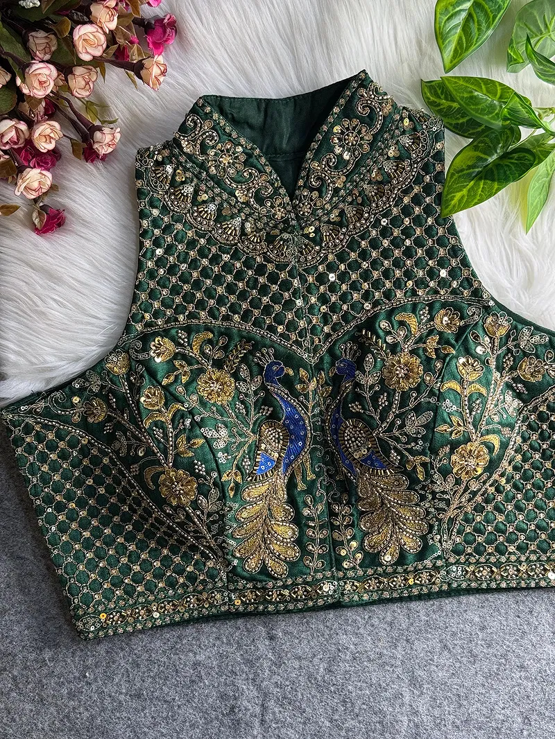 Bottle Green Color Halter Neck Handwork Peacock Blouse