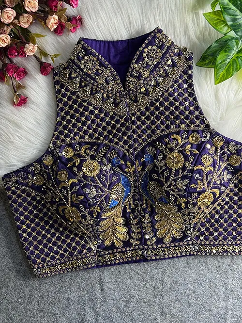 Purple Color Halter Neck Handwork Peacock Blouse