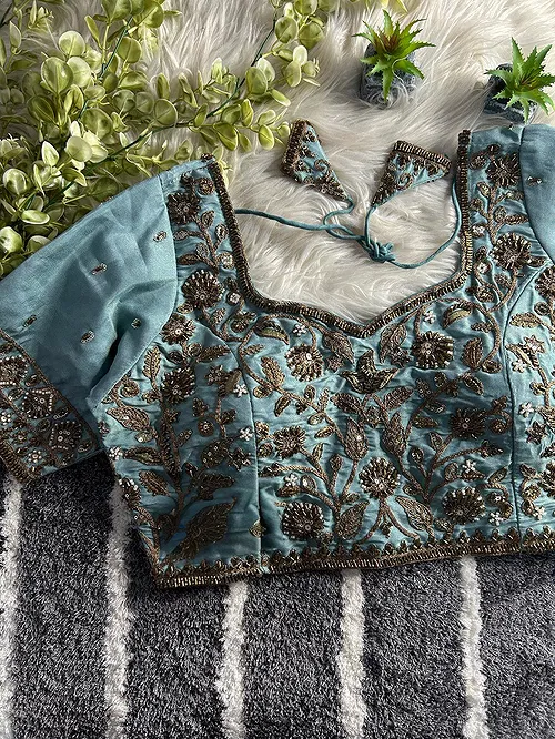 Blue Color Handwork Blouse with Stars & Beads Bridal Blouse